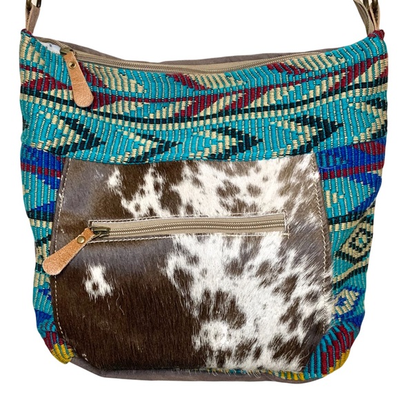 Myra Bag Handbags - Myra Bags Wanderer Shoulder Bag Canvas Rug Leather & Fur Boho Tribal Aztec